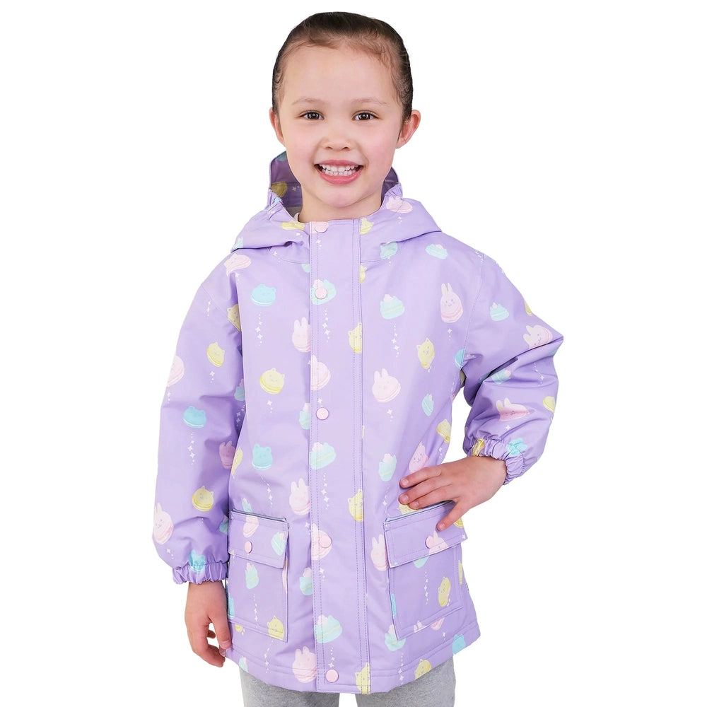 JAN & JUL lavender kids rain jacket with pastel macarons, hooded and front pockets