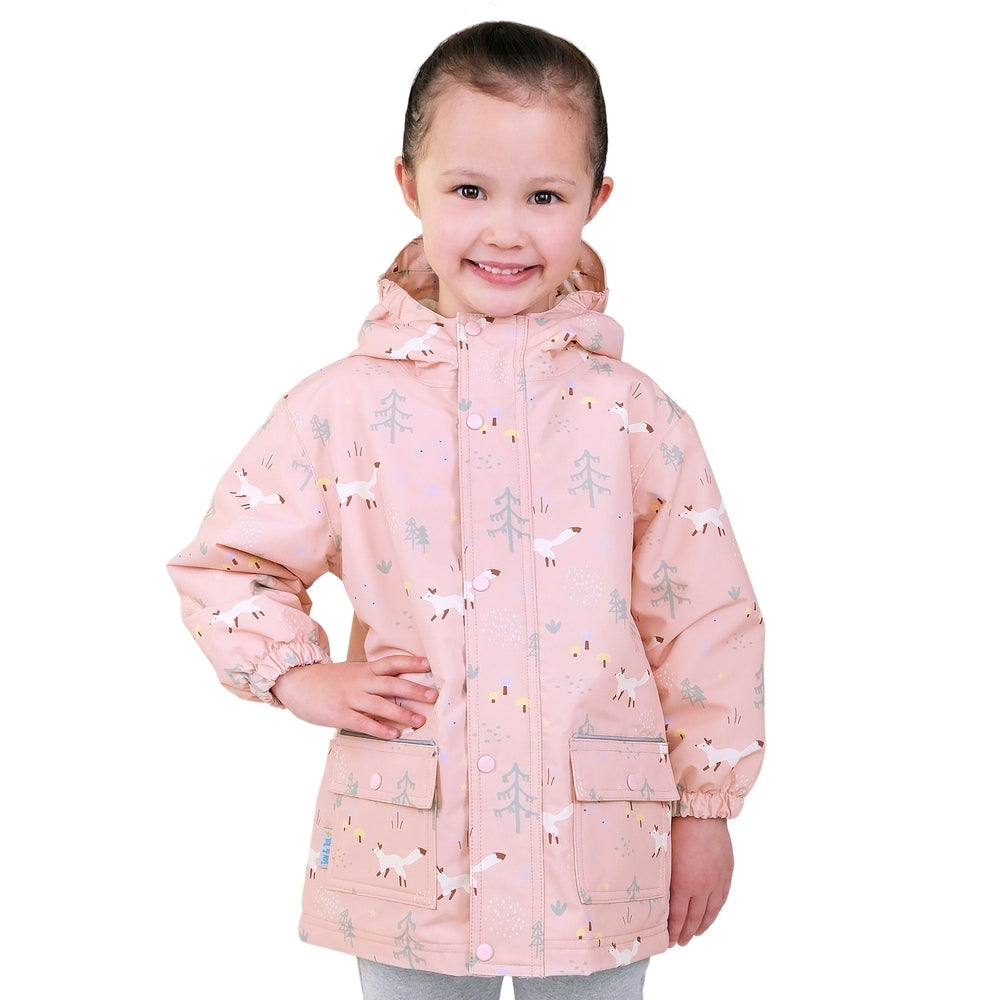 JAN & JUL pink waterproof rain jacket for kids with hood, forest print, and front pockets