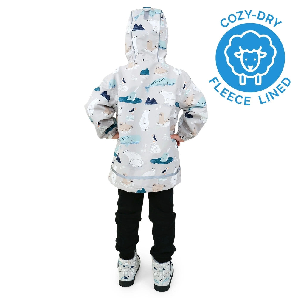 Jan & Jul Polar Pals waterproof rain jacket for kids, grey fleece-lined hooded coat with polar animals