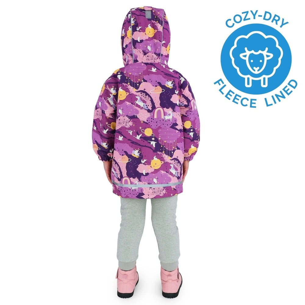 JAN & JUL Waterproof Cozy-Dry Rain Jacket Purple Dream worn by child, fleece-lined hooded coat keeps dry