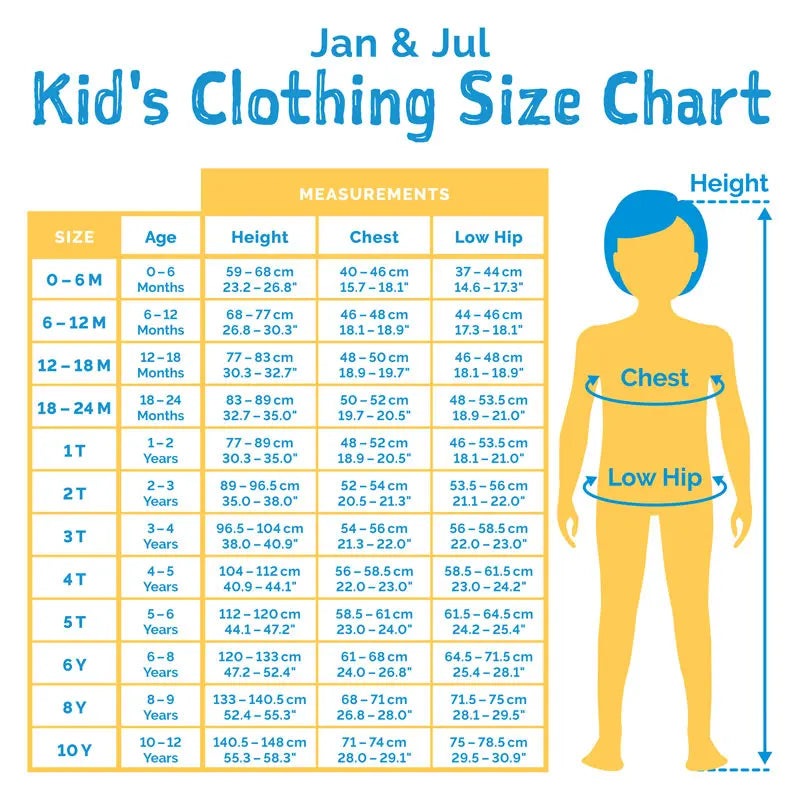 Jan & Jul Waterproof Cozy Dry Rain Jacket Winter Flowers size chart showing age-based height, chest and hip measurements.