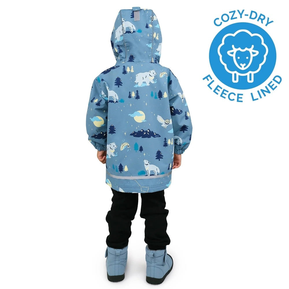 Jan & Jul kids waterproof rain jacket in blue with wolf and bear print, hooded, fleece-lined