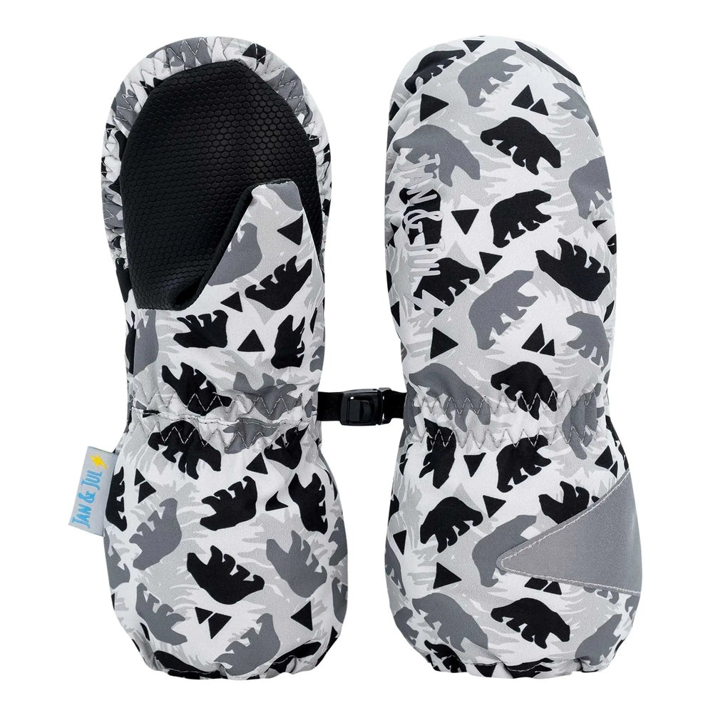 Jan & Jul Waterproof Cozy Dry Rain Mitten Bear; grey camouflage print toddler mittens with elastic cuffs linked by a clip.
