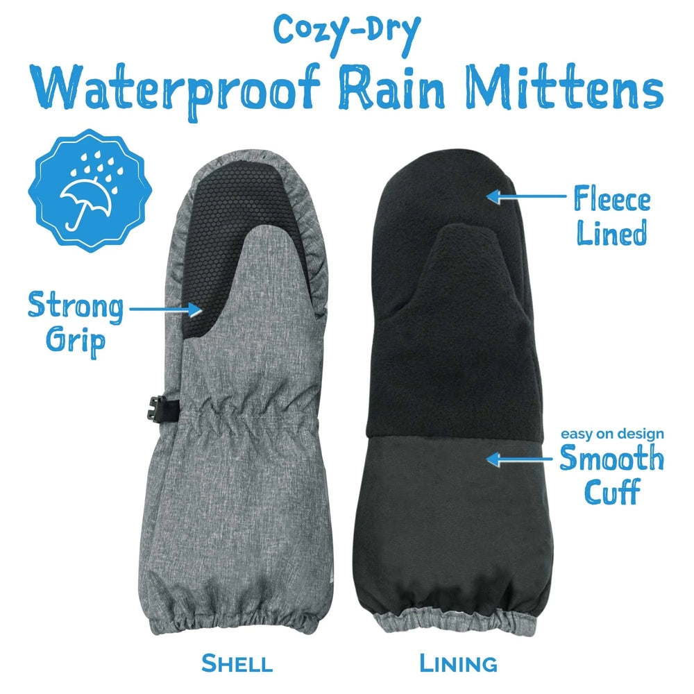Jan & Jul Waterproof Cozy Dry Rain Mittens for toddlers in grey shell with strong grip and fleece-lined black mitten.