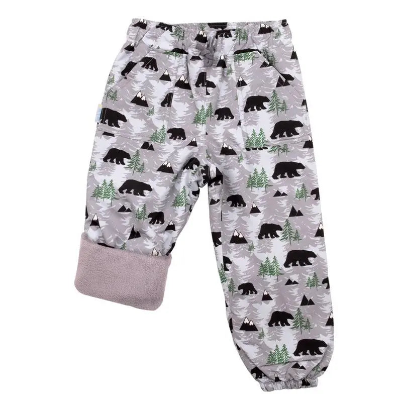 Jan & Jul Waterproof Cozy Dry Rain Pants Bear in grey bear-print; rolled cuff shows soft pink interior.