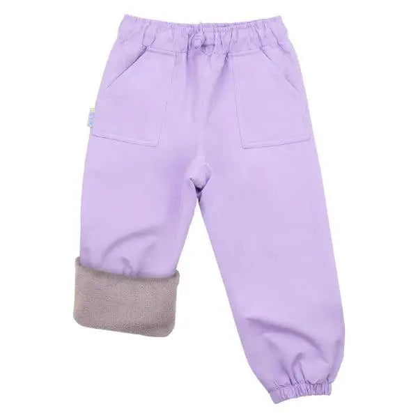 JAN & JUL Waterproof Cozy Dry Rain Pants Lavender with elastic waist, pockets, shown with rolled cuff revealing cozy lining