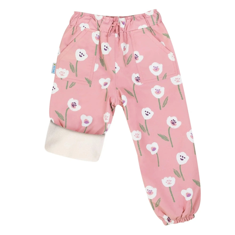 JAN & JUL Waterproof Cozy Dry Rain Pants White Tulip on pink fabric with elastic waist, cuffed