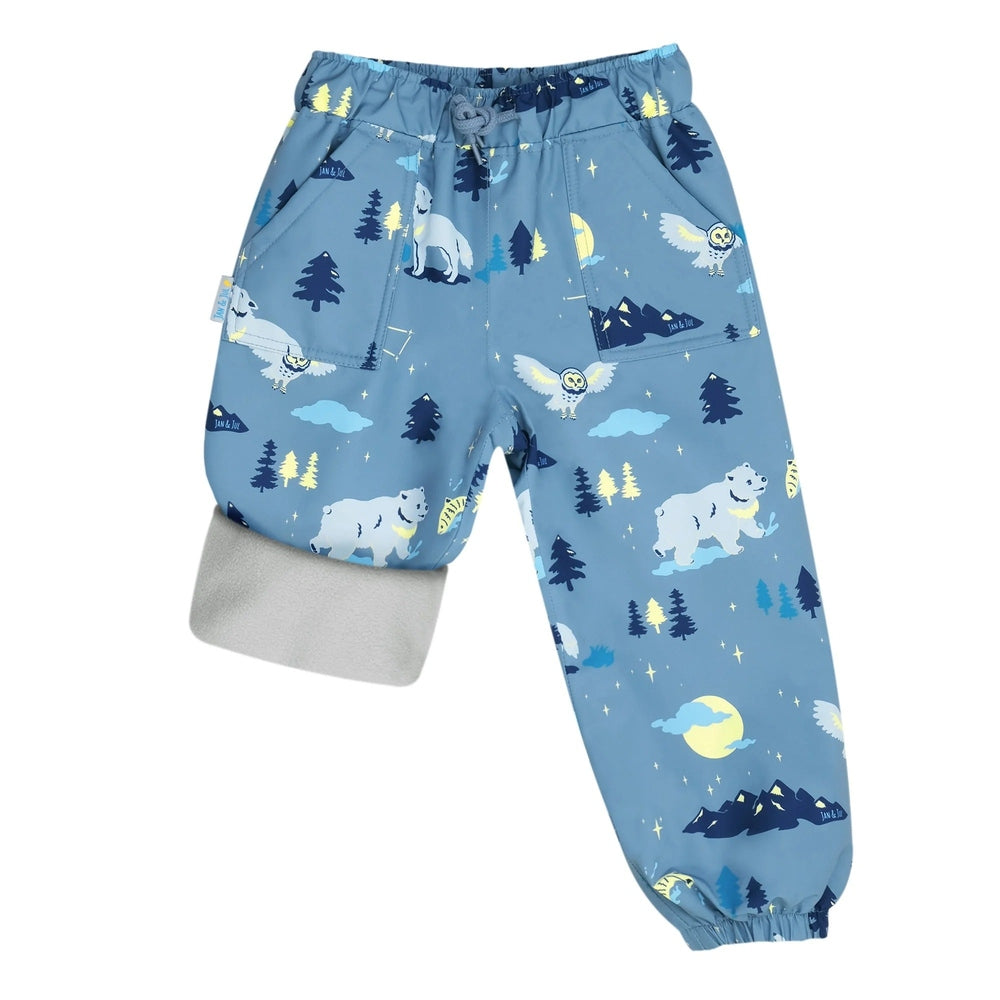 Jan & Jul Waterproof Cozy Dry Rain Pants for kids in blue forest print with wolves and bears, elastic cuffs