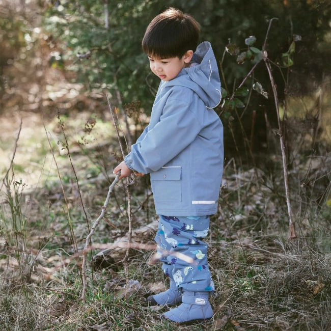 Jan & Jul Wolf and Bear waterproof rain pants for kids, blue with animal print.