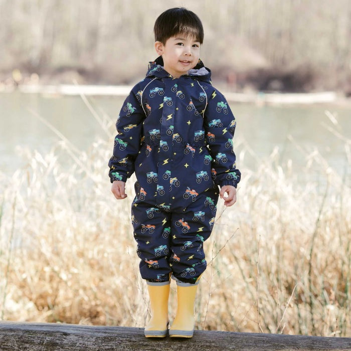 JAN & JUL toddler navy rain suit with truck pattern, hooded waterproof outerwear and yellow boots