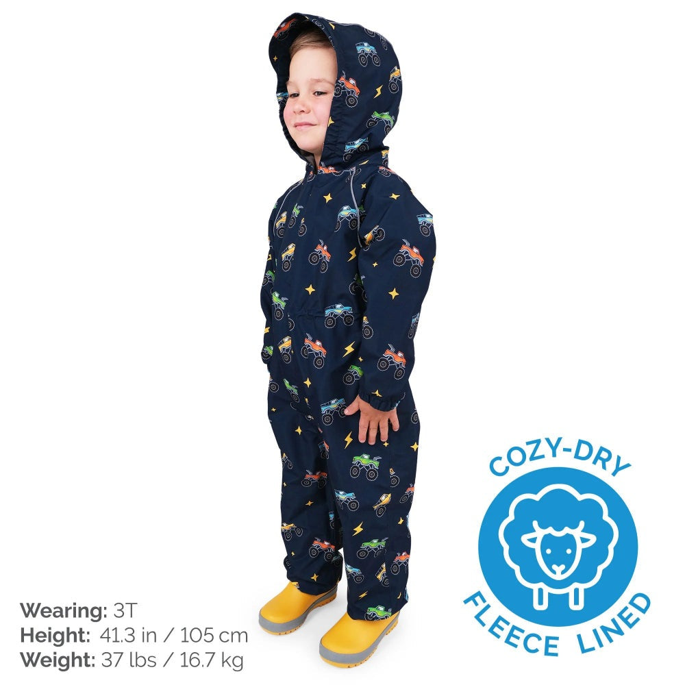 JAN & JUL kids rain suit, navy waterproof with big trucks pattern, hooded and fleece-lined