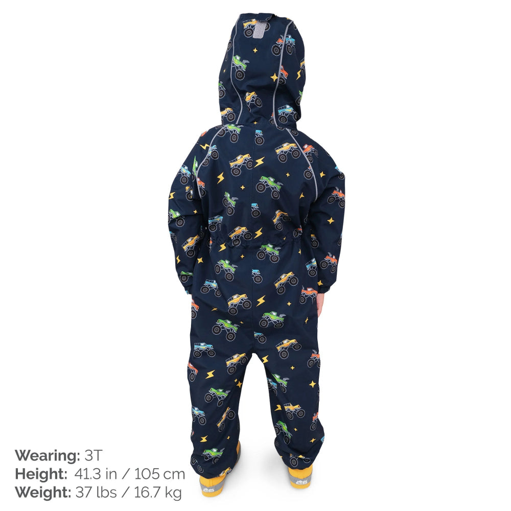 JAN & JUL kids waterproof rain suit in navy with colorful truck print, hooded rain set