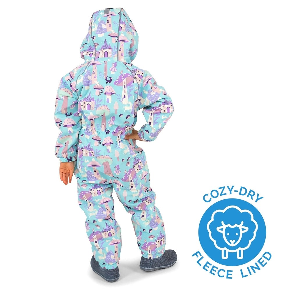 JAN & JUL Waterproof Cozy Dry Rain Suit Enchanted in light blue; child stands with hands on hips in fleece-lined hood.