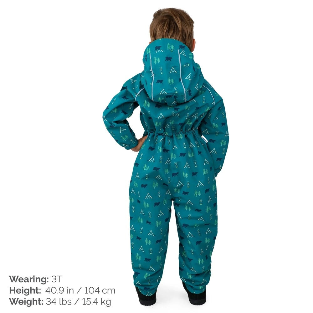 Jan & Jul Waterproof Cozy Dry Rain Suit for kids in teal with hood; back view shows cinched waist and snug cuffs.