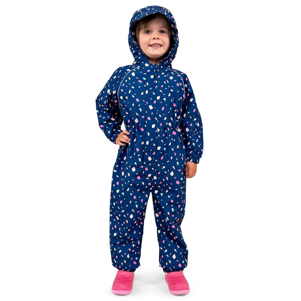JAN & JUL Waterproof Cozy Dry Rain Suit Terrazzo in blue with hood, toddler girl standing confidently.