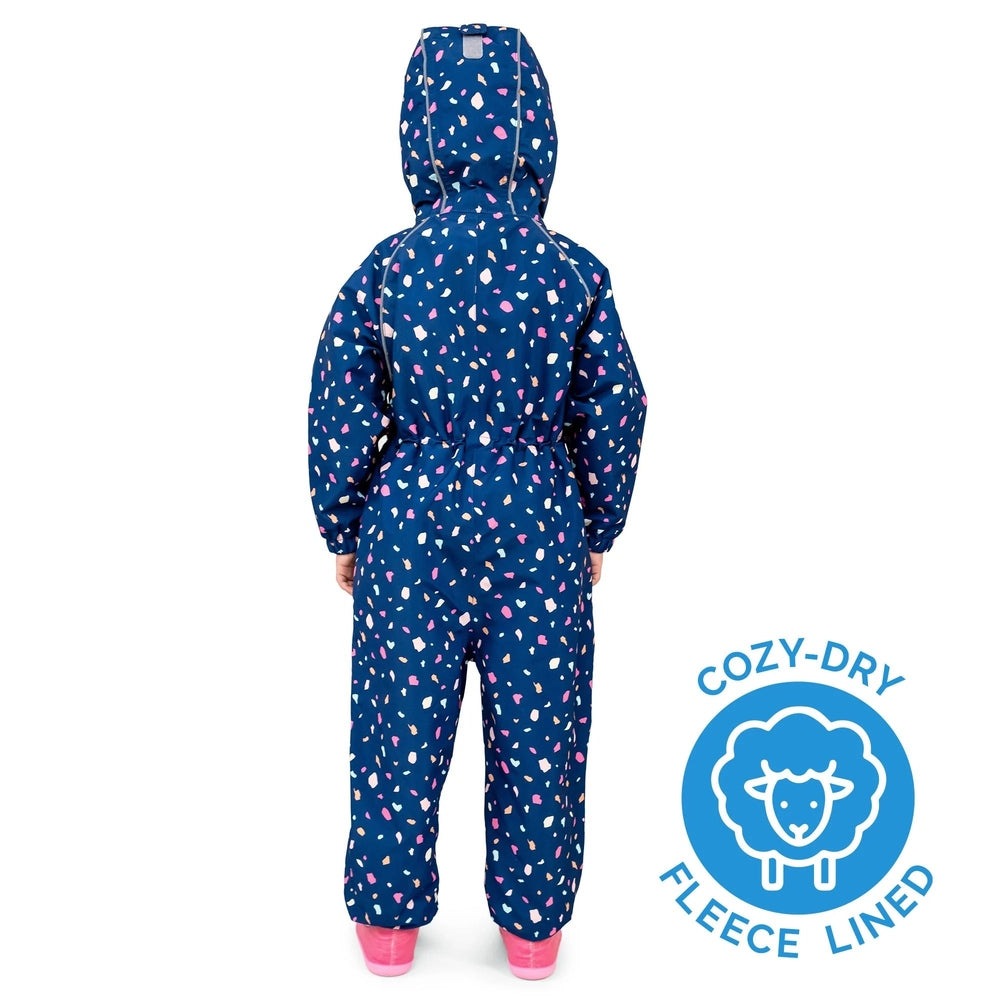 JAN & JUL Waterproof Cozy Dry Rain Suit Terrazzo, navy with pink/white specks; hooded, fleece-lined, back view.