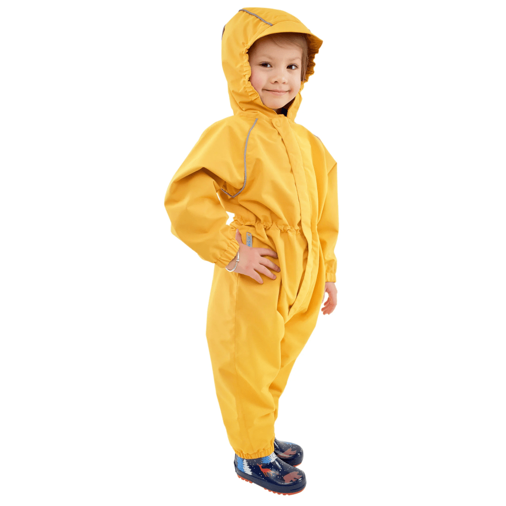 Jan & Jul Waterproof Cozy Dry Rain Suit Yellow, a child in hooded yellow rain suit with elastic cuffs, hands on hips.