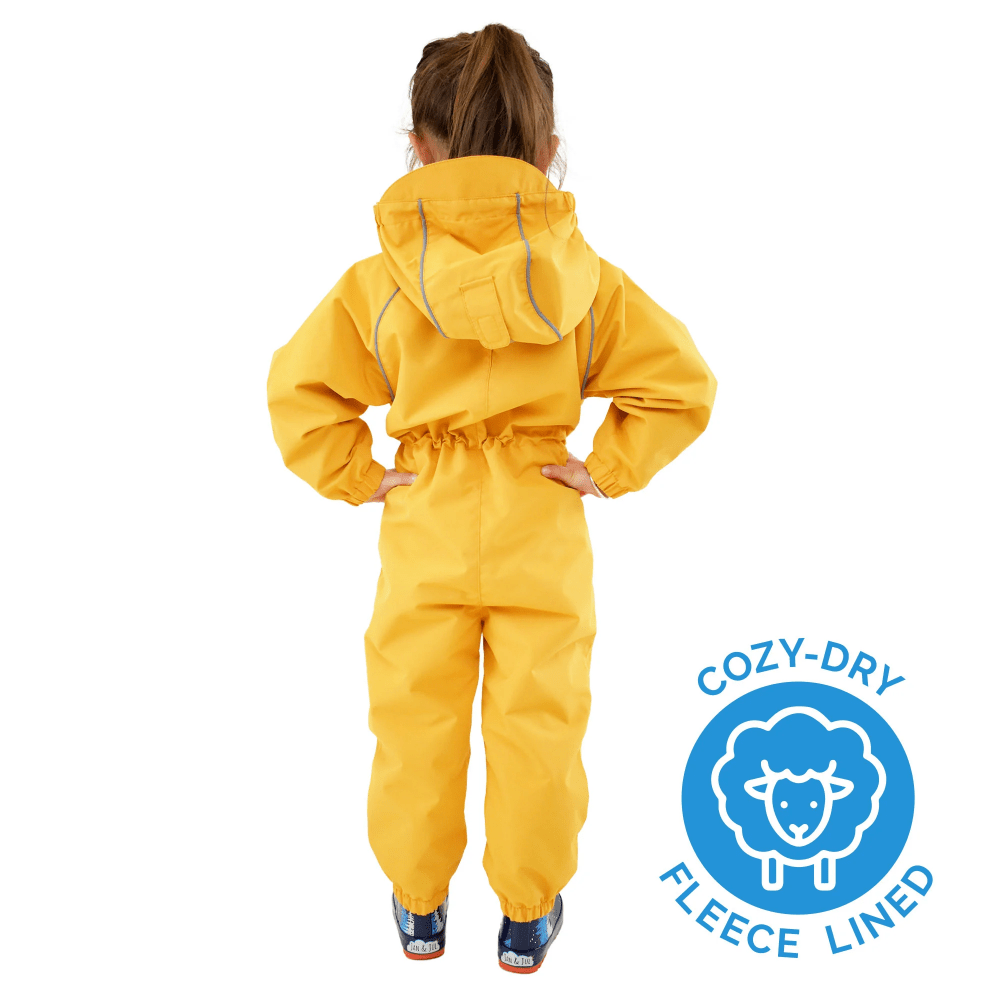 Jan & Jul Waterproof Cozy Dry Rain Suit Yellow, back view of child in hooded fleece-lined rain suit.