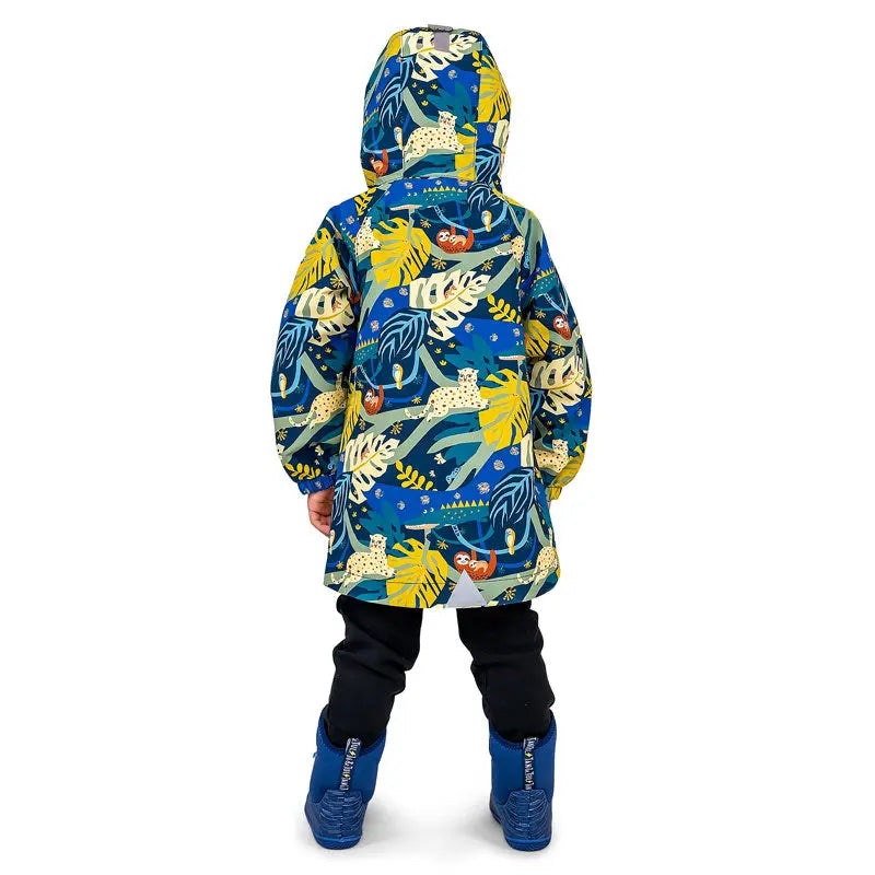 Jan & Jul Waterproof Puddle Dry Rain Jacket Jungle Nights worn by a child in blue jungle print with hood up.