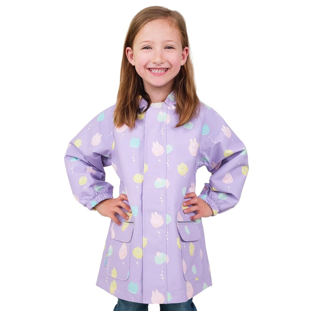 JAN & JUL kids waterproof rain jacket in lilac with macarons print