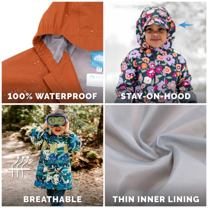 JAN & JUL kids waterproof rain jackets with stay-on hood, breathable fabric and thin inner lining; assorted prints