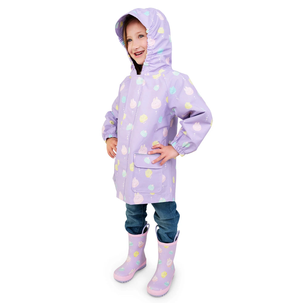 JAN & JUL kids lavender waterproof rain jacket with hood, pastel macaron print and pockets