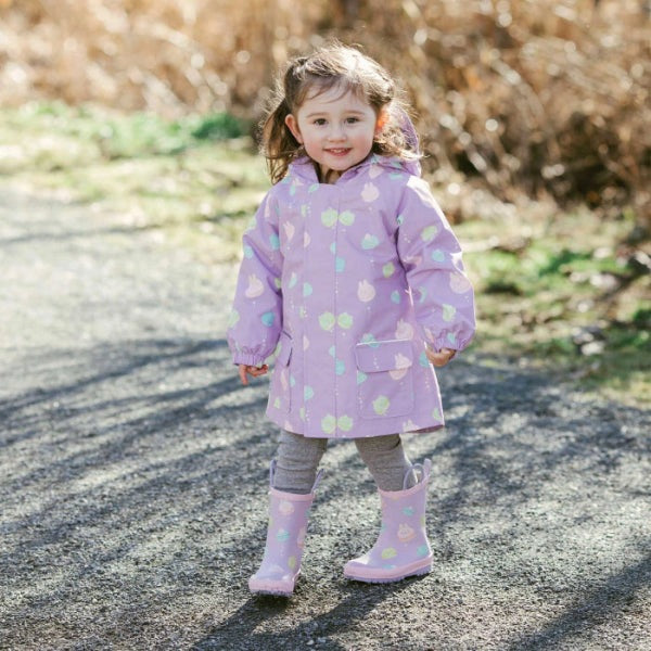 JAN & JUL lavender waterproof toddler rain jacket with macarons pattern and pockets