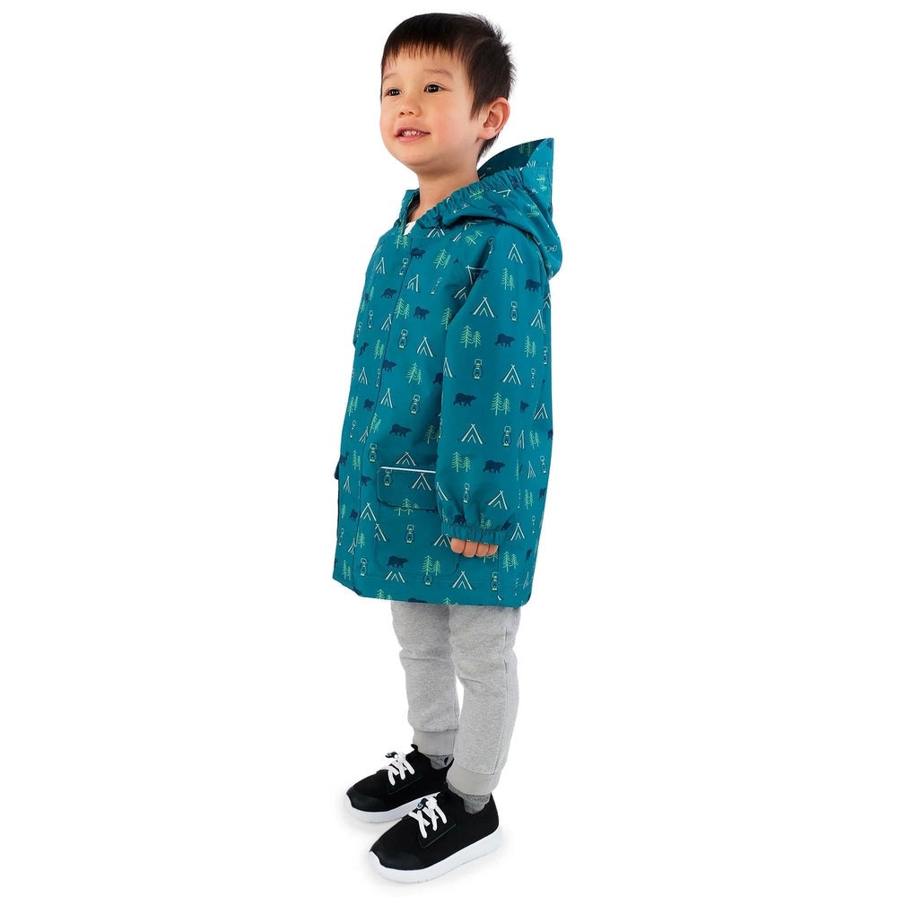 JAN & JUL Waterproof Puddle Dry Rain Jacket Summer Camp for kids, teal hooded jacket with front pockets and campsite print.
