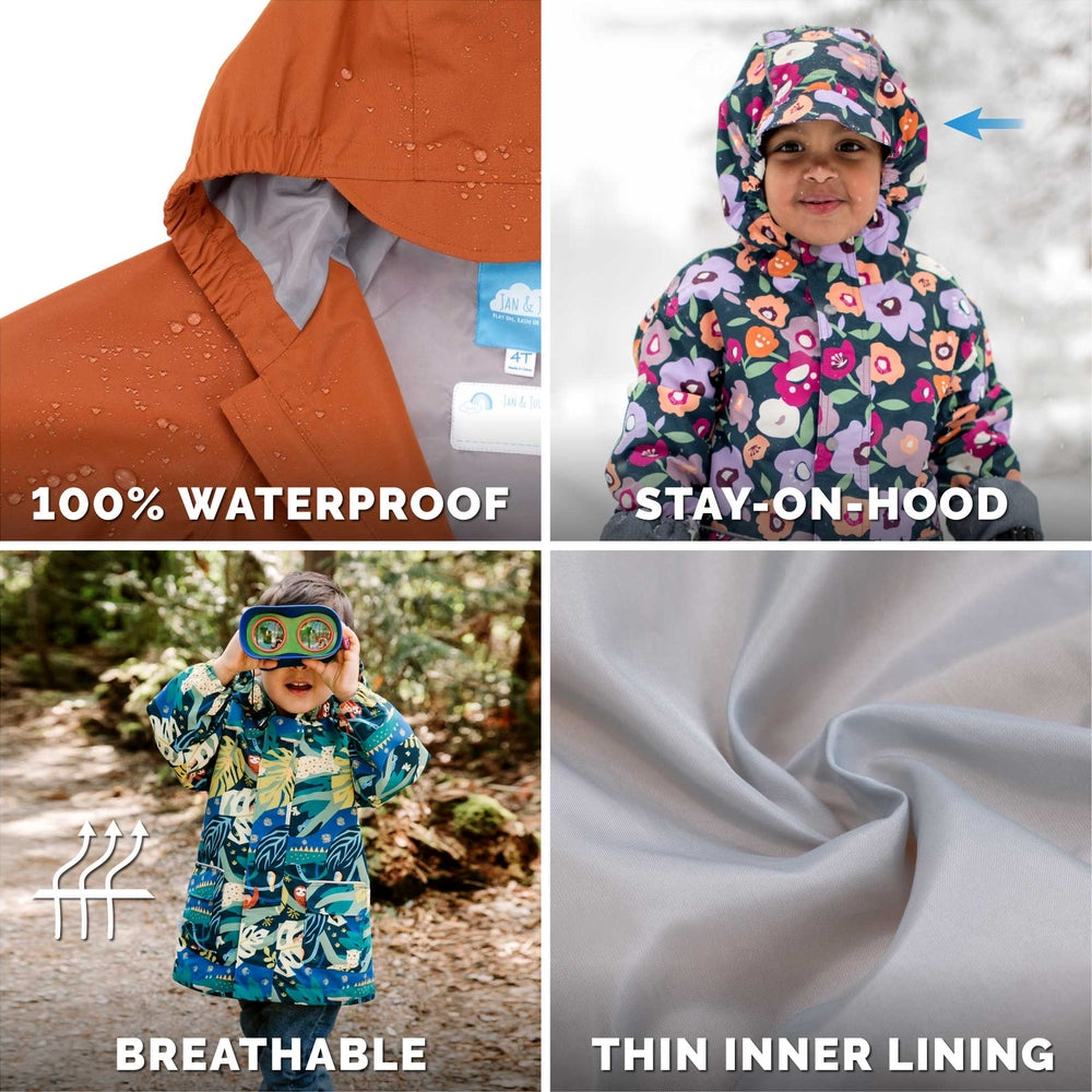 Jan & Jul Waterproof Puddle Dry Rain Jacket Summer Camp worn by kids in four styles, showing stay-on hood and breathable inner lining.