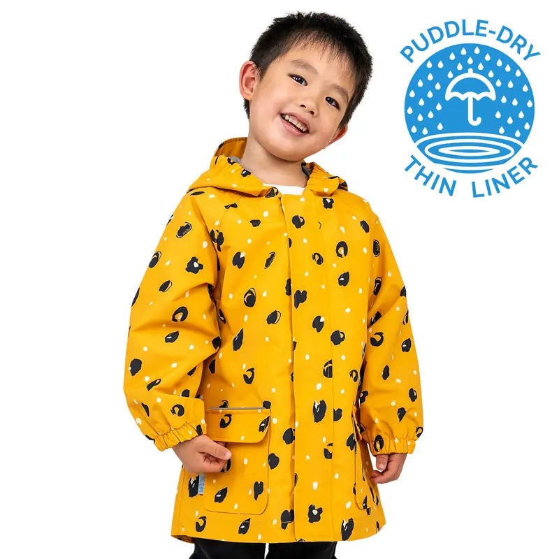 JAN & JUL Kids' Waterproof Puddle-Dry Rain Jacket in bright yellow with black abstract print and hood