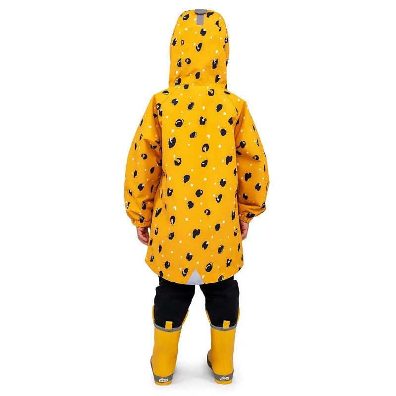 JAN & JUL Waterproof Puddle Dry Rain Jacket Wild Child worn by a child in a yellow hooded jacket with black spots and yellow boots