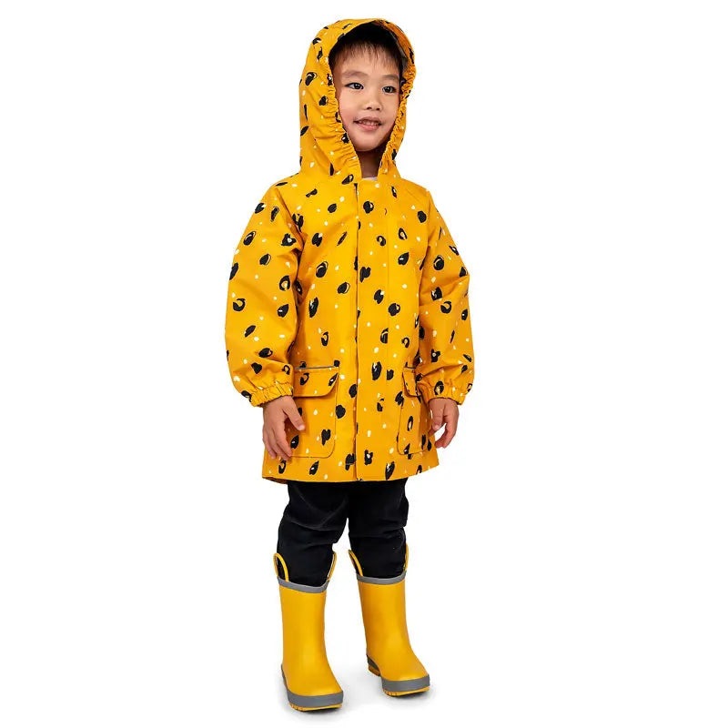 Jan & Jul Waterproof Puddle Dry Rain Jacket Wild Child worn by a child in a bright yellow hooded raincoat with pockets.
