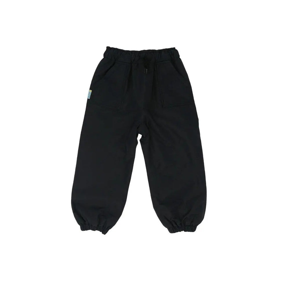 Jan & Jul Waterproof Puddle Dry Rain Pants for kids, black with elastic cuffs and waistband, laid flat.