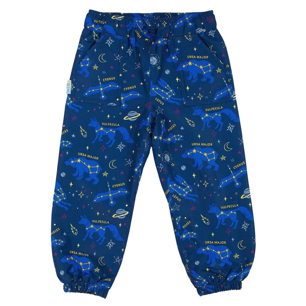 Jan & Jul Waterproof Puddle Dry Rain Pants Constellations in blue with elastic ankle cuffs and visible pockets.