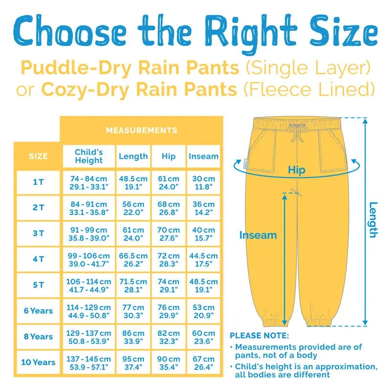 JAN & JUL Waterproof Puddle Dry Rain Pants Dinoland in yellow worn by child; size chart with measurements shown