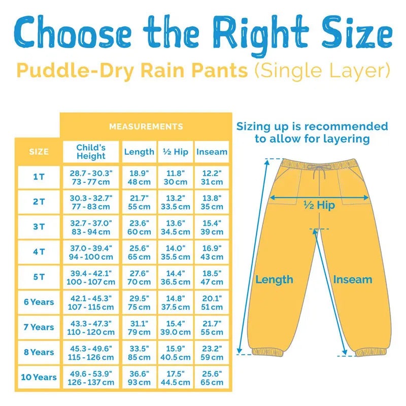 JAN & JUL Dreamscape Puddle-Dry Rain Pants in yellow, single-layer waterproof pants with drawstring waist beside a size chart.