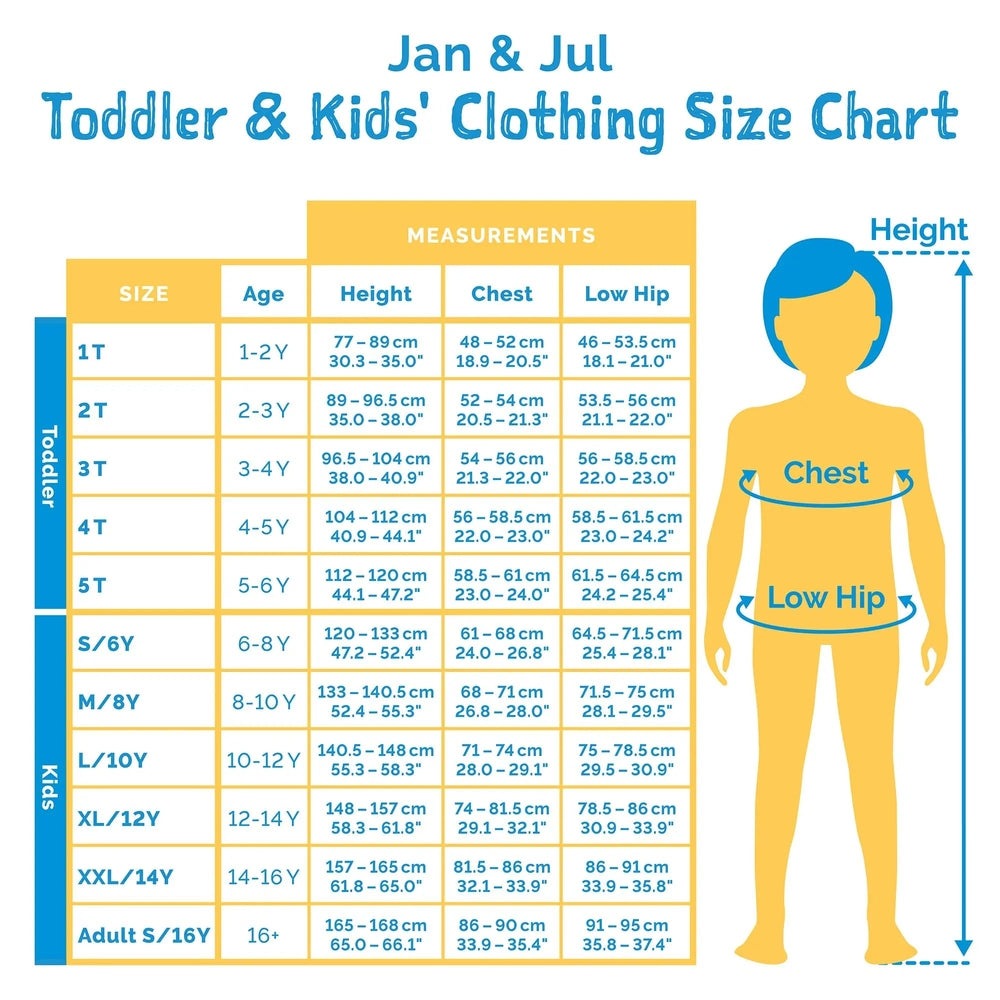 JAN & JUL Toddler & Kids' Clothing Size Chart in yellow/blue, showing age, height, chest, and low-hip measurements.