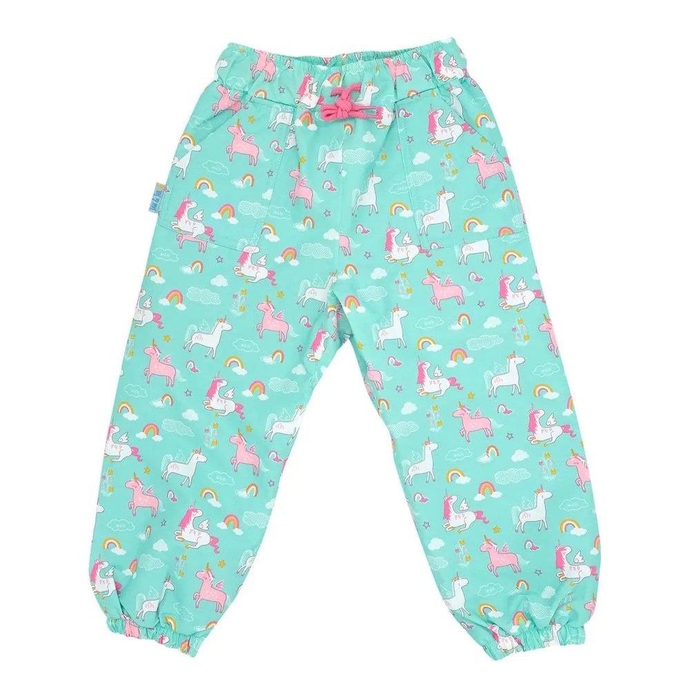 Jan & Jul Waterproof Puddle Dry Rain Pants Unicorn, teal with unicorn print; laid flat to show elastic cuffs.