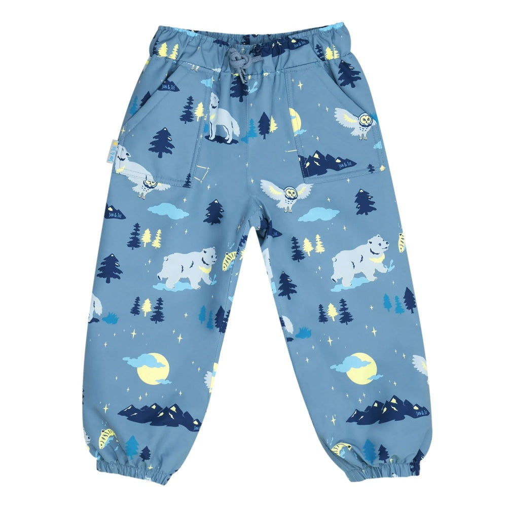 Jan & Jul waterproof rain pants for kids in blue with wolf and bear print, elastic cuffs