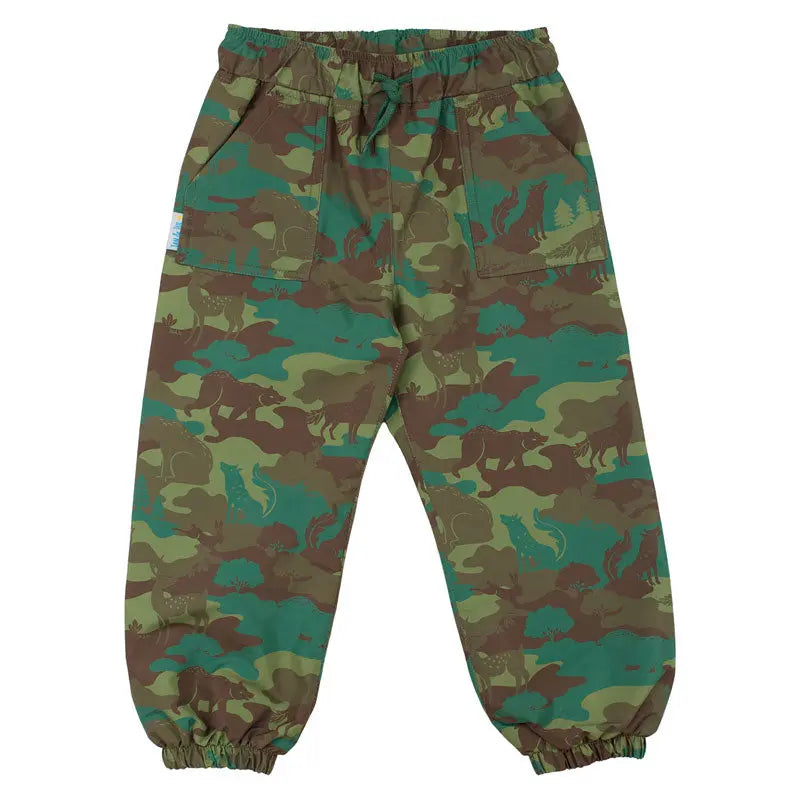 JAN & JUL Waterproof Puddle-Dry Rain Pants Woodland Camo for kids, featuring elastic cuffs and drawstring waist.