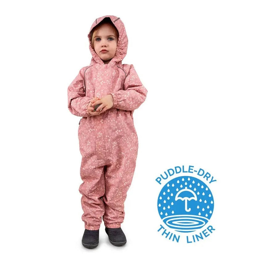 JAN & JUL pink prairie flowers puddle-dry rain suit for toddlers with hood; child stands in waterproof outerwear.