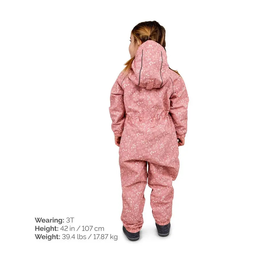 JAN & JUL Waterproof Puddle Dry Rain Suit Prairie Flowers worn by child in pink floral outerwear with hood, back view.