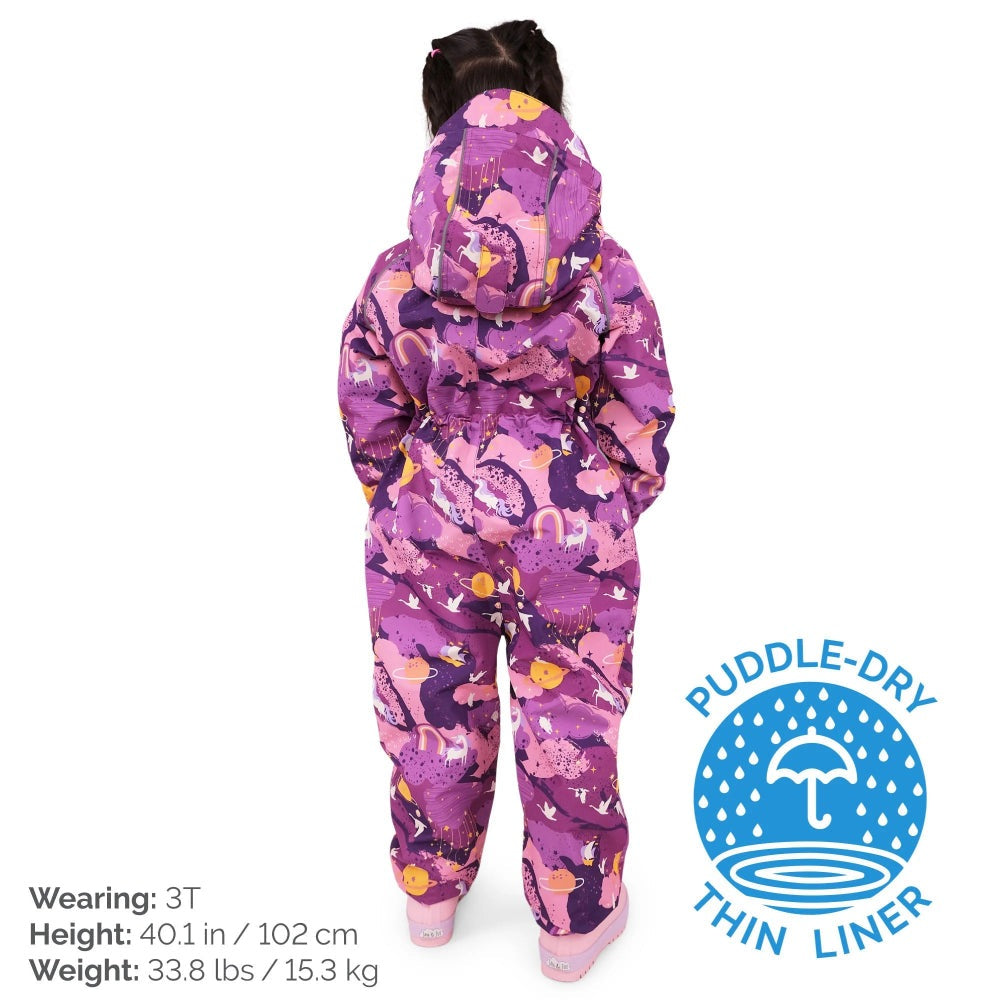 JAN & JUL kids waterproof puddle-dry rain suit in purple dream print with hood, back view
