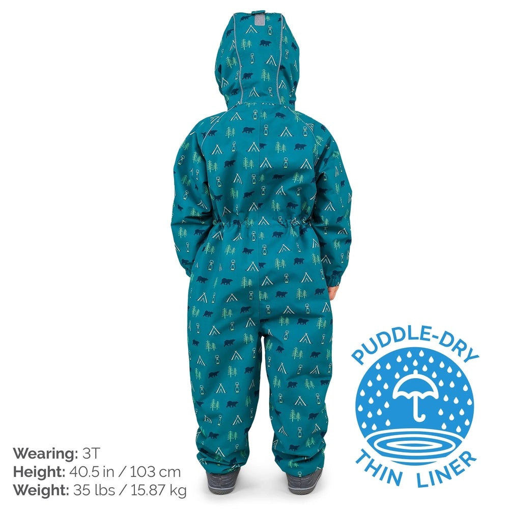 JAN & JUL Waterproof Puddle-Dry Rain Suit for kids; teal with camping print, hooded and elastic cuffs shown on a child.