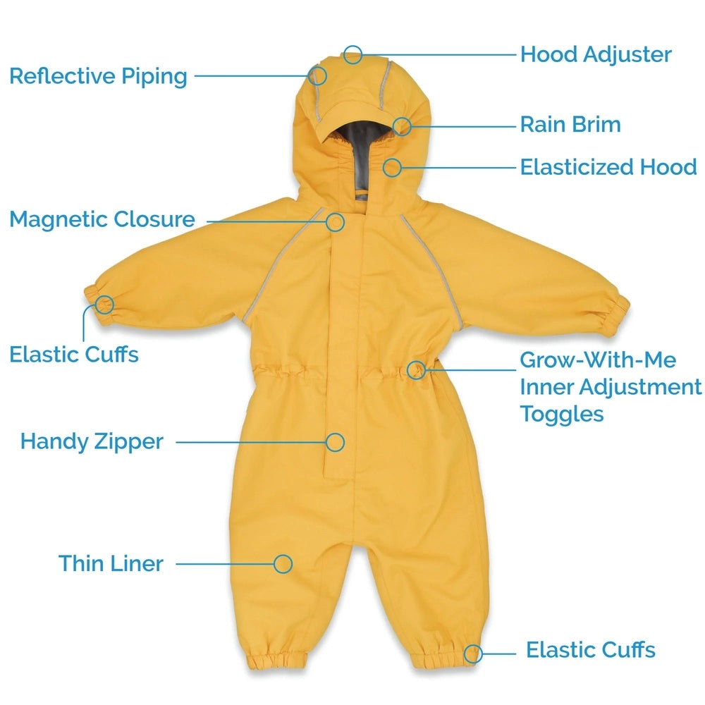 JAN & JUL Waterproof Puddle Dry Rain Suit Summer Camp, bright yellow hooded one-piece shown laid-flat with elastic cuffs and front zipper