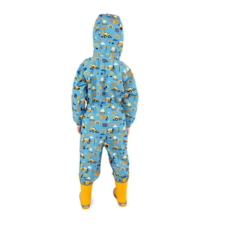 Jan & Jul Waterproof Puddle Dry Rain Suit Under Construction for kids, blue hooded rain suit with yellow boots.