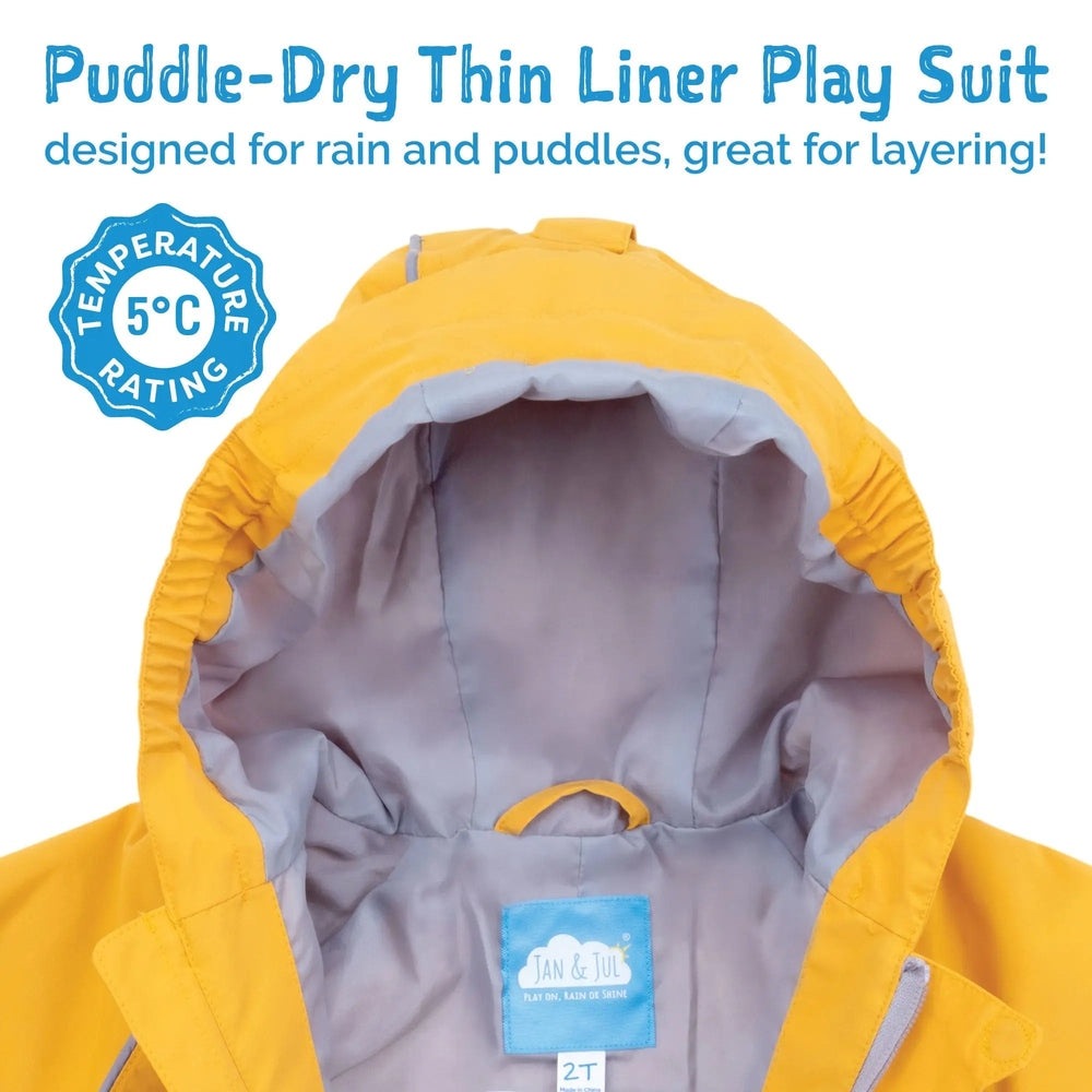 Jan & Jul Waterproof Puddle-Dry Rain Suit in yellow with grey lining; hood up, 2T size, ready for rain.