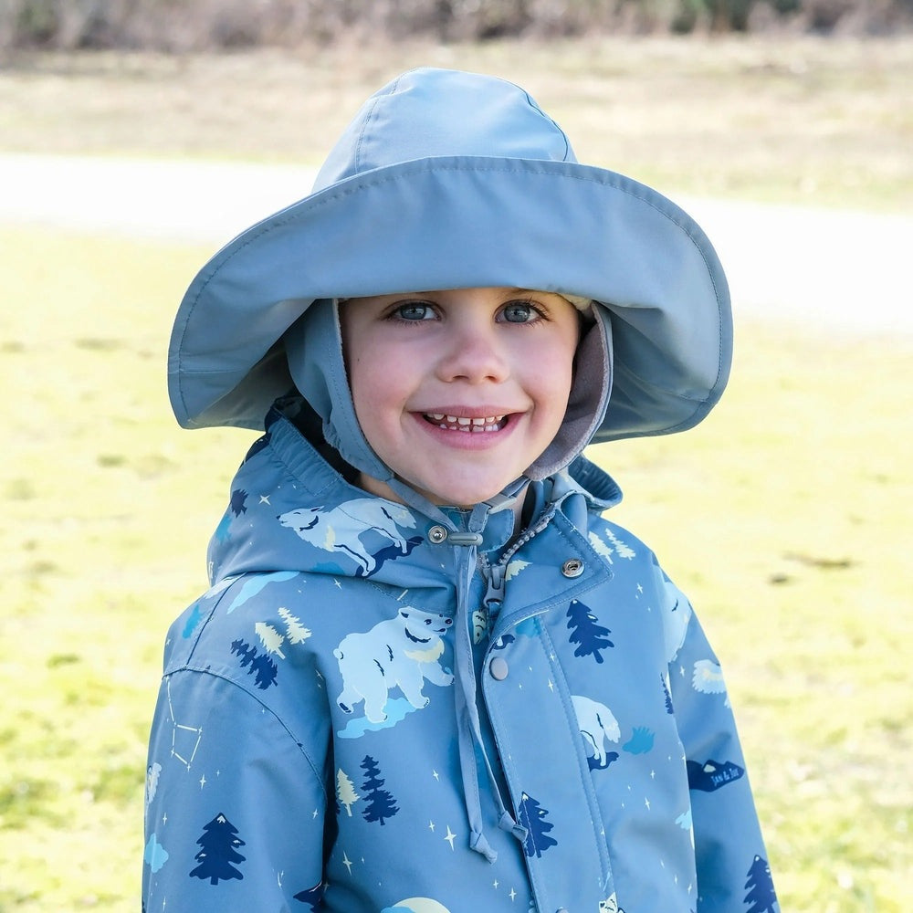 Jan & Jul waterproof kids rain hat in dusty blue with wide brim and chin strap