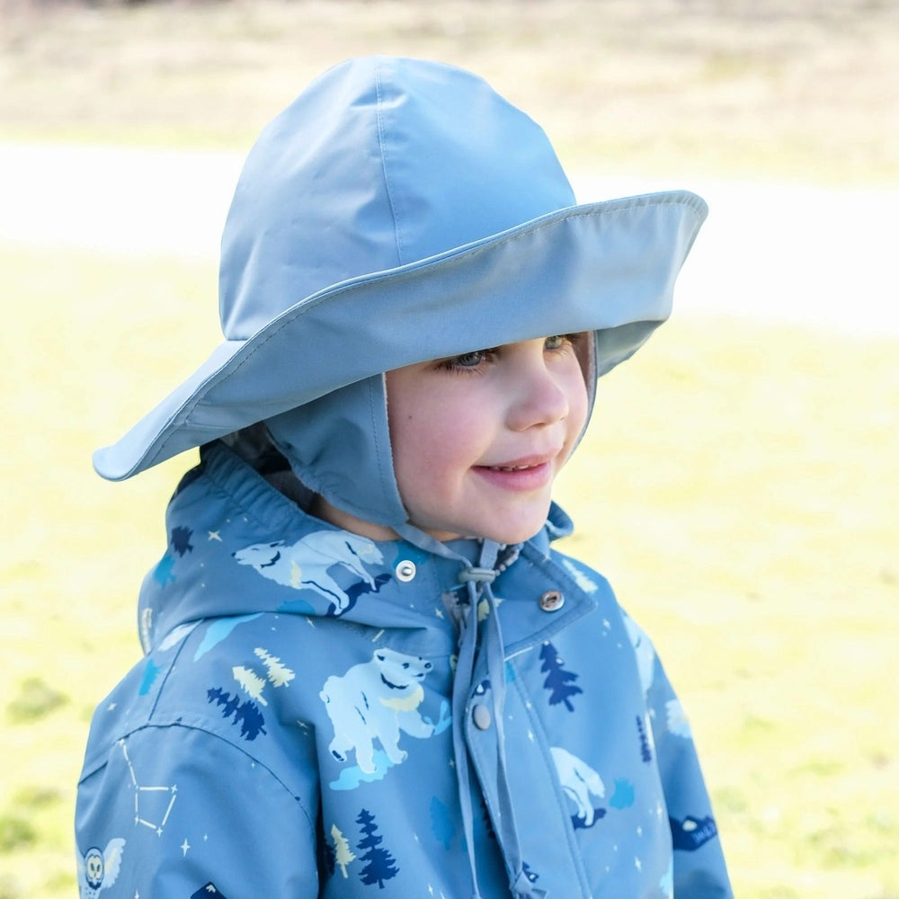 Jan & Jul toddler waterproof rain hat in dusty blue with a wide brim
