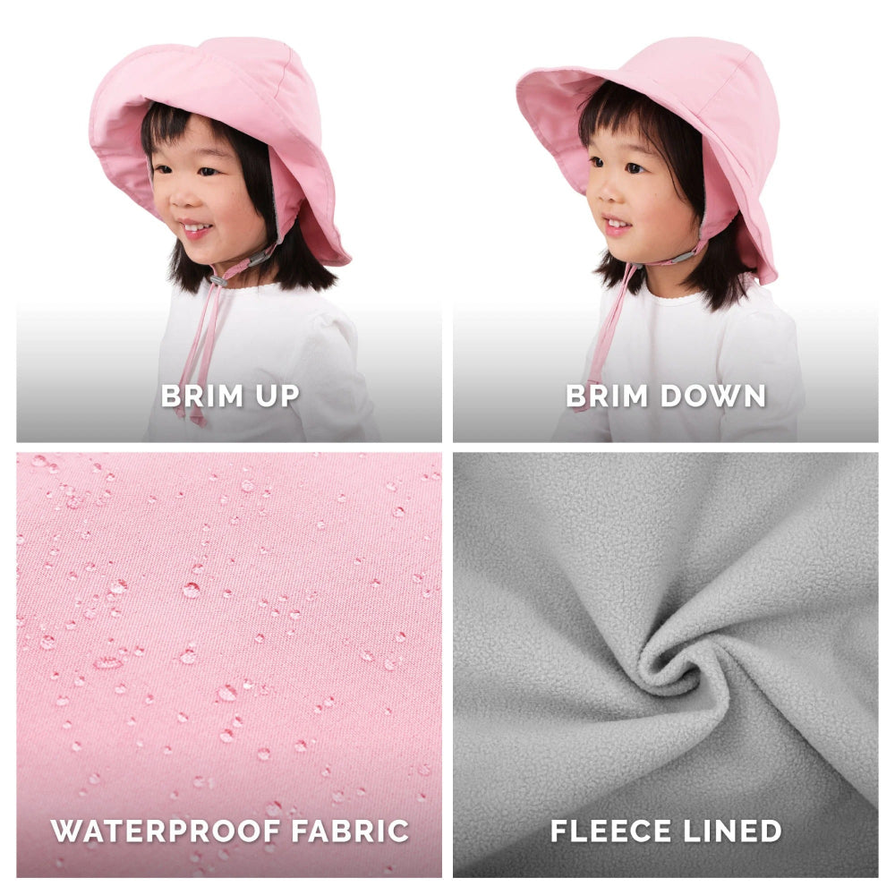 Jan & Jul toddler waterproof rain hat in dusty pink with brim up/down, pink waterproof fabric, fleece lined (2 hats)